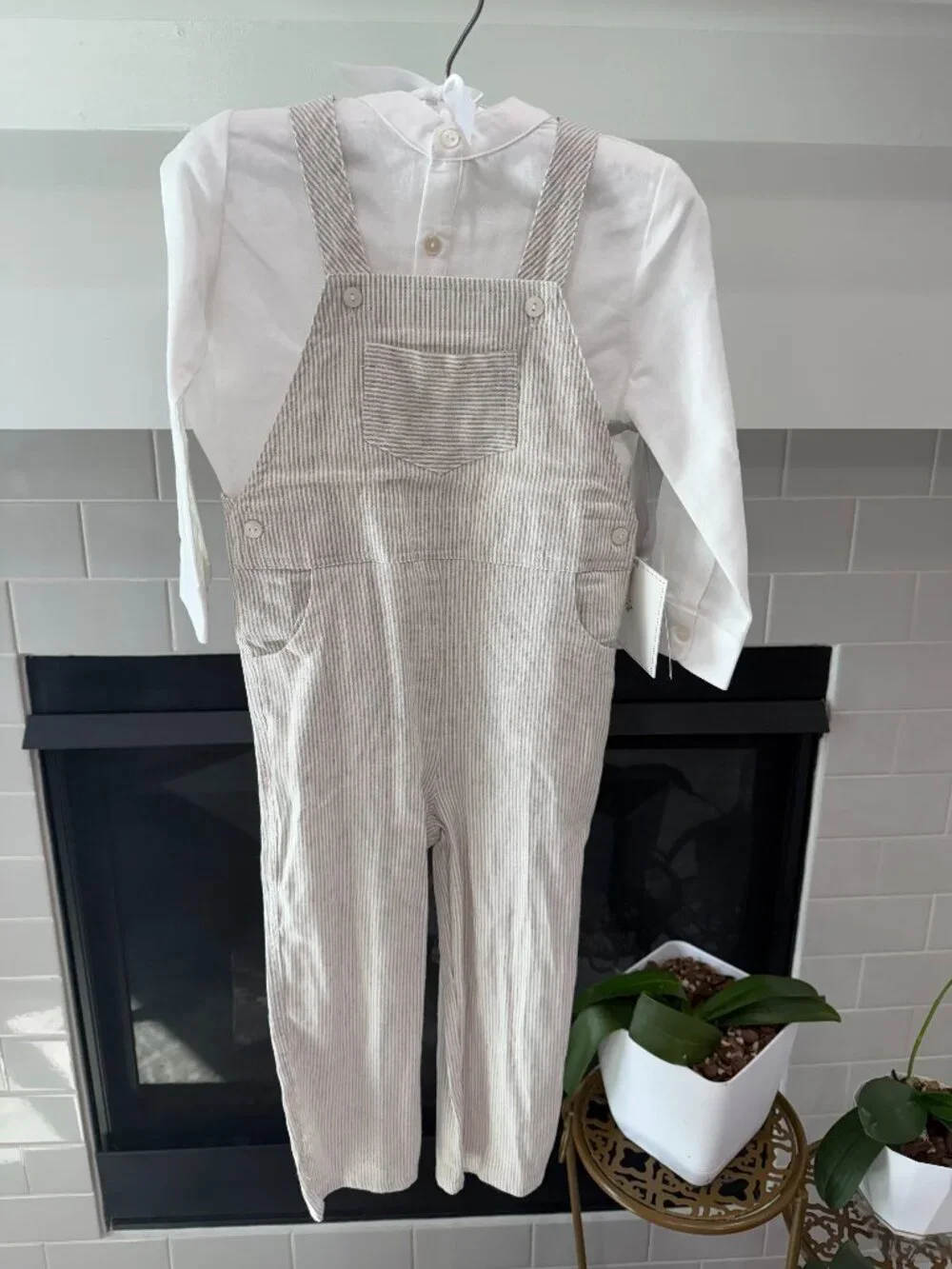 Megan Karp x Edgehill Collection Boys Linen Blend Overall Set 3T NWT Beige Strip